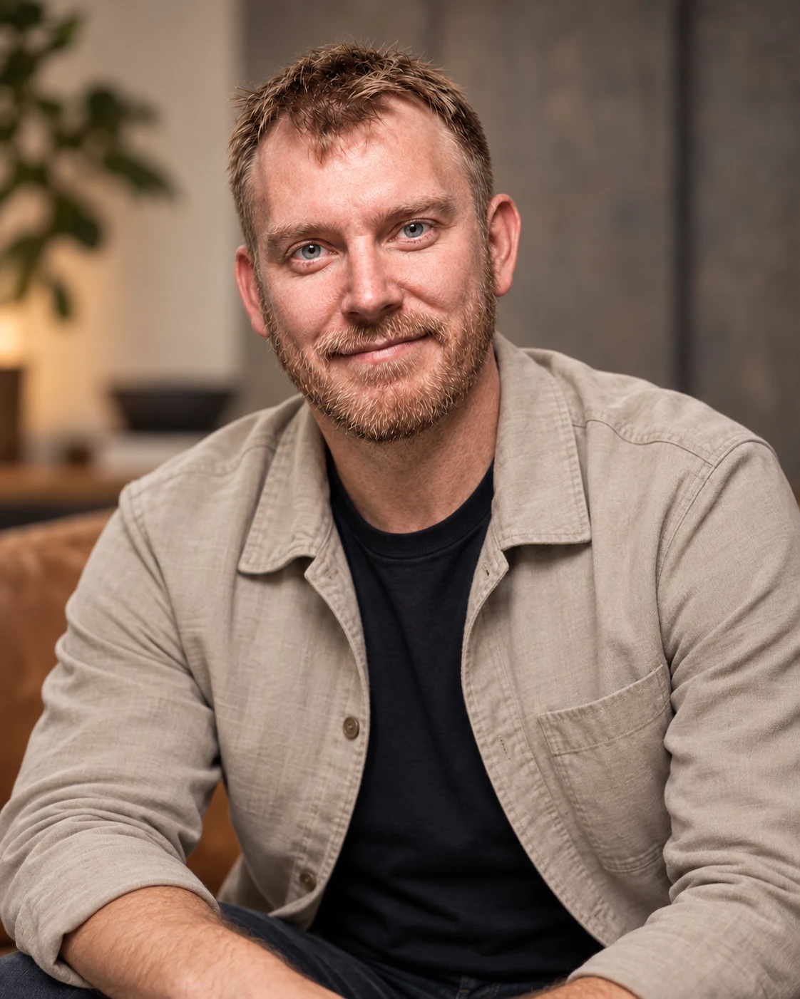 Micah Iverson on a leather couch in a linen jacket